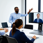 A diverse group of professionals engaged in a hybrid team meeting. Some individuals are visible in a brightly lit, modern office with ergonomic workstations, while others are seamlessly integrated via a large video conference screen from their professional home office setups. They are actively collaborating, showing positive, engaged expressions, and clear communication. All subjects are fully clothed in professional business attire, appropriate content, safe for work, perfect anatomy, correct proportions, natural pose, well-formed hands, proper finger count, professional photography, high quality, modest clothing.