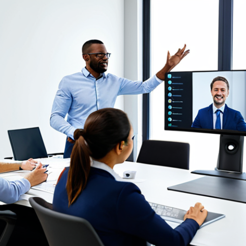 A diverse group of professionals engaged in a hybrid team meeting. Some individuals are visible in a brightly lit, modern office with ergonomic workstations, while others are seamlessly integrated via a large video conference screen from their professional home office setups. They are actively collaborating, showing positive, engaged expressions, and clear communication. All subjects are fully clothed in professional business attire, appropriate content, safe for work, perfect anatomy, correct proportions, natural pose, well-formed hands, proper finger count, professional photography, high quality, modest clothing.