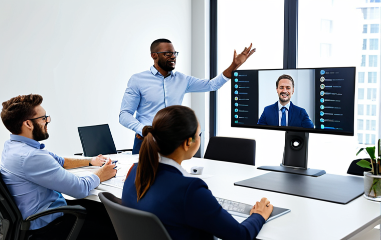 A diverse group of professionals engaged in a hybrid team meeting. Some individuals are visible in a brightly lit, modern office with ergonomic workstations, while others are seamlessly integrated via a large video conference screen from their professional home office setups. They are actively collaborating, showing positive, engaged expressions, and clear communication. All subjects are fully clothed in professional business attire, appropriate content, safe for work, perfect anatomy, correct proportions, natural pose, well-formed hands, proper finger count, professional photography, high quality, modest clothing.